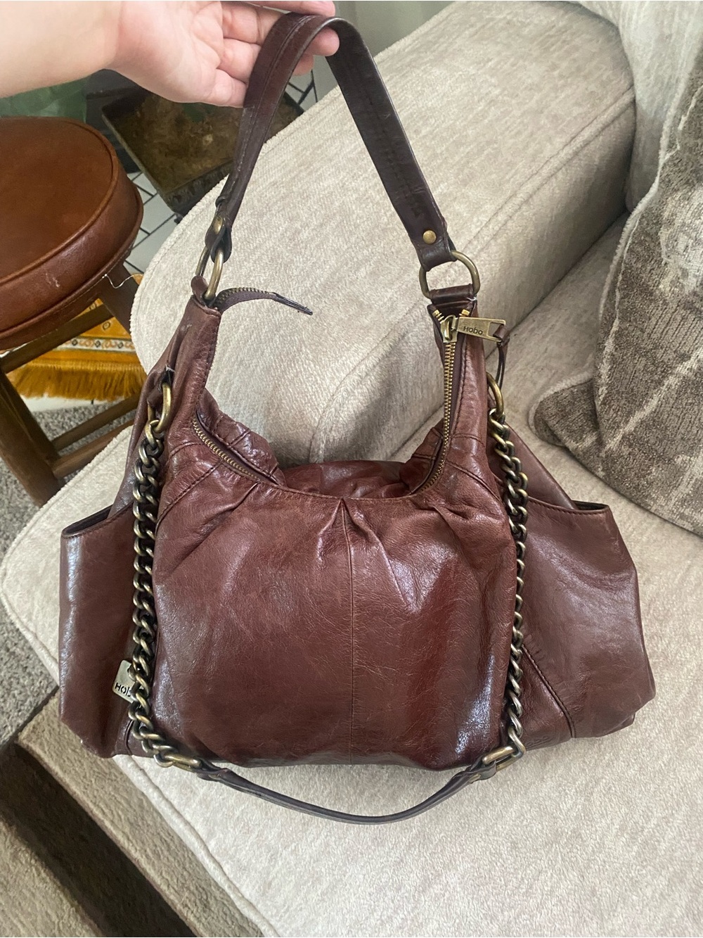 HOBO Distressed Chestnut Leather Shoulder Bag with Chain Accents